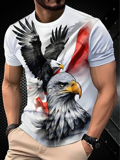 夏季白色 T 恤，带鹰印花，透气时尚醒目男士短袖上衣