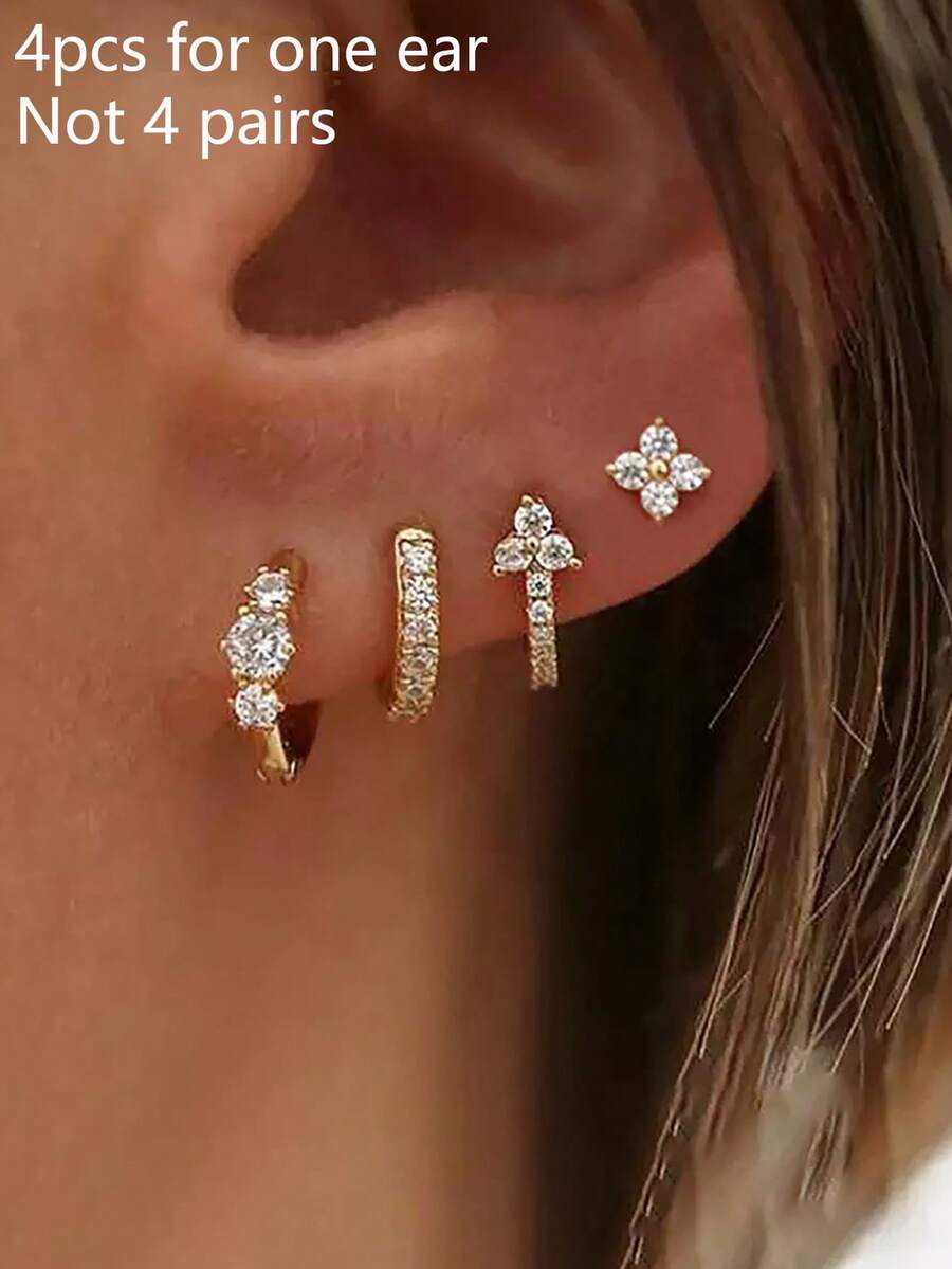4PCS Exquisite Flower Cubic Zirconia Hoop Earring Set For Women 18K Gold Plated Temperament Flower Ear Stud Earring Piercing Jewelry - Gold-1# - View 1