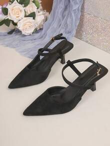 Giày cao gót mũi nhọn mới, giày cao gót mũi nhọn bằng da lộn màu đen, sandal hở mũi mùa hè dành cho nữ với dây đeo đính ngọc trai giả, giày cao gót quai mảnh. - màu đen - Xem 6