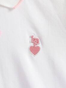 青少女夏季短袖t恤,有學院風愛心刺繡圖案 - 白色 - 查看 5