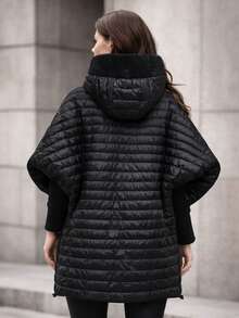 Women's Quilted Jacket With Knit Cuffs, Jacket With Asymmetrical Hem, Fixed Hood, Fastened With A Two-Way Zipper, 2 Open Pockets, Lightly Insulated With Synthetic Down, Straight Cut, Mid-Thigh Length, Casual, Spring/Autumn - Black - View 2