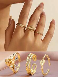 Set de 3 anillos ajustables con corazón y cruz de circonita cúbica dorada, anillos de cristal de lujo para mujeres, accesorios para uso diario, citas y fiestas - Dorado - Ver 6