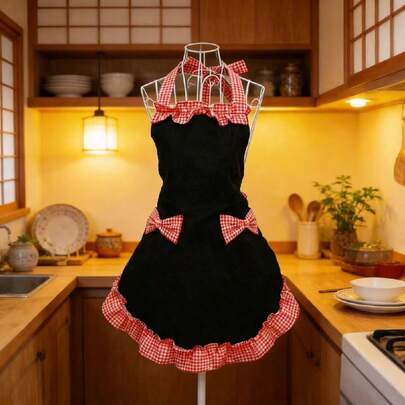 Delantal largo para mujer con moño y bolsillos, estilo vestido fruncido vintage para cocina, camarera