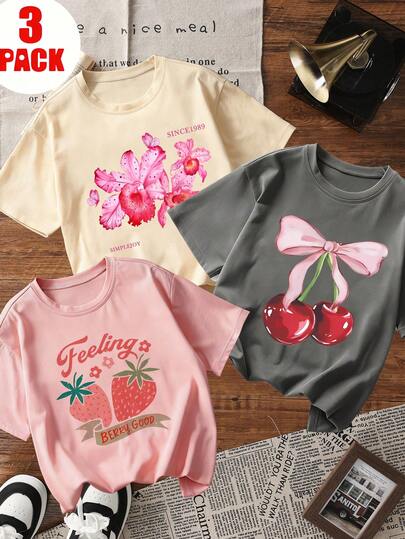 3件套少女印花短袖T恤，适合少女夏季穿着，学生服装