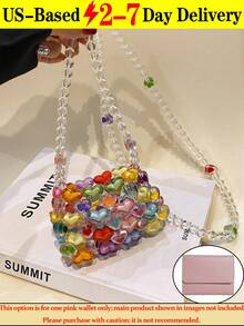 1pc Girls' Mini Heart Shape Beaded Square Bag Crossbody Bag, Cute Handmade Beaded Open Mouth Handbag, Fashionable Heart Purse, Colorblock Fashionable, Suitable For Festival Decoration Or Daily Wear Dressing Matching,  Perfect For Music Festival, Spring/Summer, Vacation Essentials, Perfectly Matching With Beach Accessories Women, Hottest Beach Bags For Women, Beach Necessities[US Local Warehouse]The Best Gift Choice, Birthday Gift - 彩色 - 查看 14
