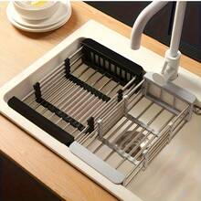 Adjustable Stainless Steel Retractable Dish Drying Rack | Heavy Duty No-Drill Sink Organizer Rack, Space-Saving Drainer Rack With Striped Design, Suitable For Utensils And Cookware, Fits Sink And Countertop, Modern Kitchen Storage, Multi-Function Shelf - Multicolor - View 2