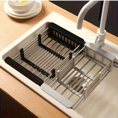 Rejilla retráctil ajustable de acero inoxidable para secar platos | Organizador de fregadero sin taladro de alta resistencia, rejilla escurreplatos ahorradora de espacio con diseño a rayas, apta para utensilios y menaje, se adapta al fregadero y la encimera, almacenamiento moderno de cocina, estantería multifuncional