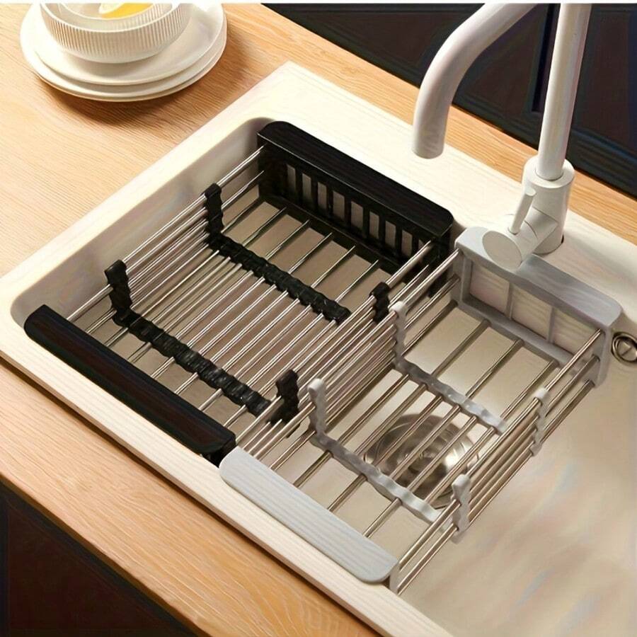 Adjustable Stainless Steel Retractable Dish Drying Rack | Heavy Duty No-Drill Sink Organizer Rack, Space-Saving Drainer Rack With Striped Design, Suitable For Utensils And Cookware, Fits Sink And Countertop, Modern Kitchen Storage, Multi-Function Shelf