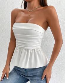 Women's Elegant Summer Cropped Strapless Peplum Blouse - 白色 - 查看 4
