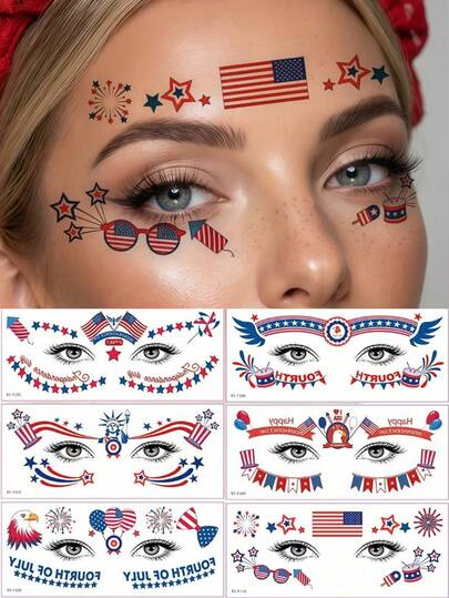 6张美国独立日主题面部纹身贴纸，美国国旗图案，防水，适合音乐节、派对和其他场合作为临时纹身化妆配件