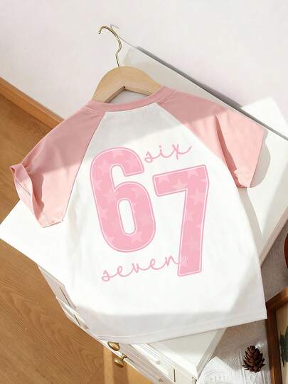 Girls "67" Numeral Graphic Round Neck Short Sleeve T-Shirt, New Arrival For Spring And Summer