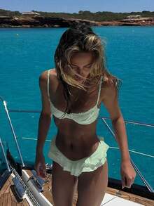 Women's Green Hollow Out Double Ruffle Trim Bikini Swimsuit Set, Sweet & Sexy Beach Vacation 2 Pieces Swimwear, Summer - Green - View 2