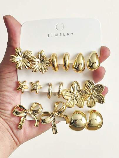 4/16pcs Gold-Tone Earring Set - Featuring Chic Flower & Butterfly C-Shaped Hoops, Paired With Glossy Dome & Starfish Stud Earrings, Suitable For Daily Wear And Parties