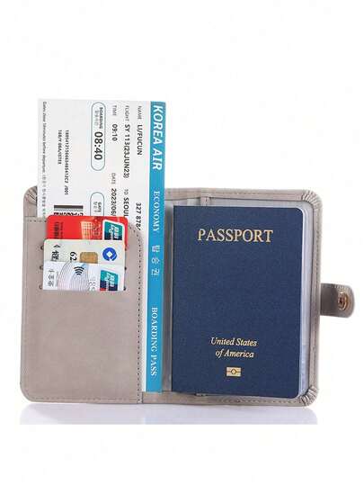 Portapassaporte de PU con múltiples tarjetas - Cierre a presión, forro de piel sintética, estuche para pasaporte con patrón de avión, accesorio de viaje minimalista - Almacenamiento conveniente de documentos y artículos de viaje, suministros para vacaciones, organizador de viaje, cartera de pasaporte, bolsa de vacaciones en la playa, artículos de verano, vacaciones de Navidad