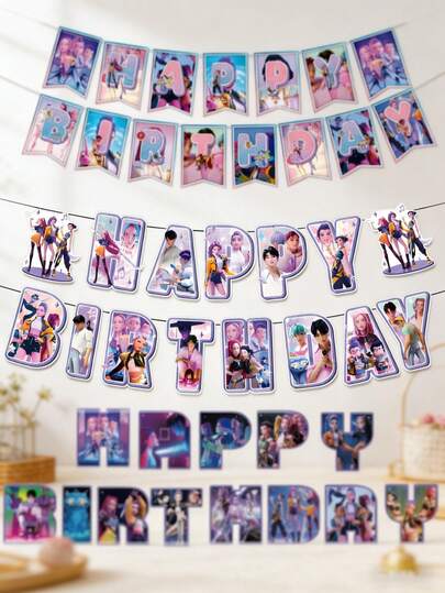 K-POP Blue Witch Girl Group Theme Tableware - Paper Plates, Paper Cups, Tablecloth, Hanging Flags, Birthday Party Decorations