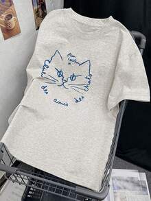 Women's Summer Loose Round Neck Minimalist Stylish Line Cat Print Short Sleeve T-Shirt Casual - Light Gray - View 4