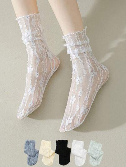 1/5/10 Pairs Women Sexy Lace Floral Fashion Ultra-Thin Transparent Summer Japanese Style Hollow Mesh Ankle Socks, Retro Long Tube Cute Socks