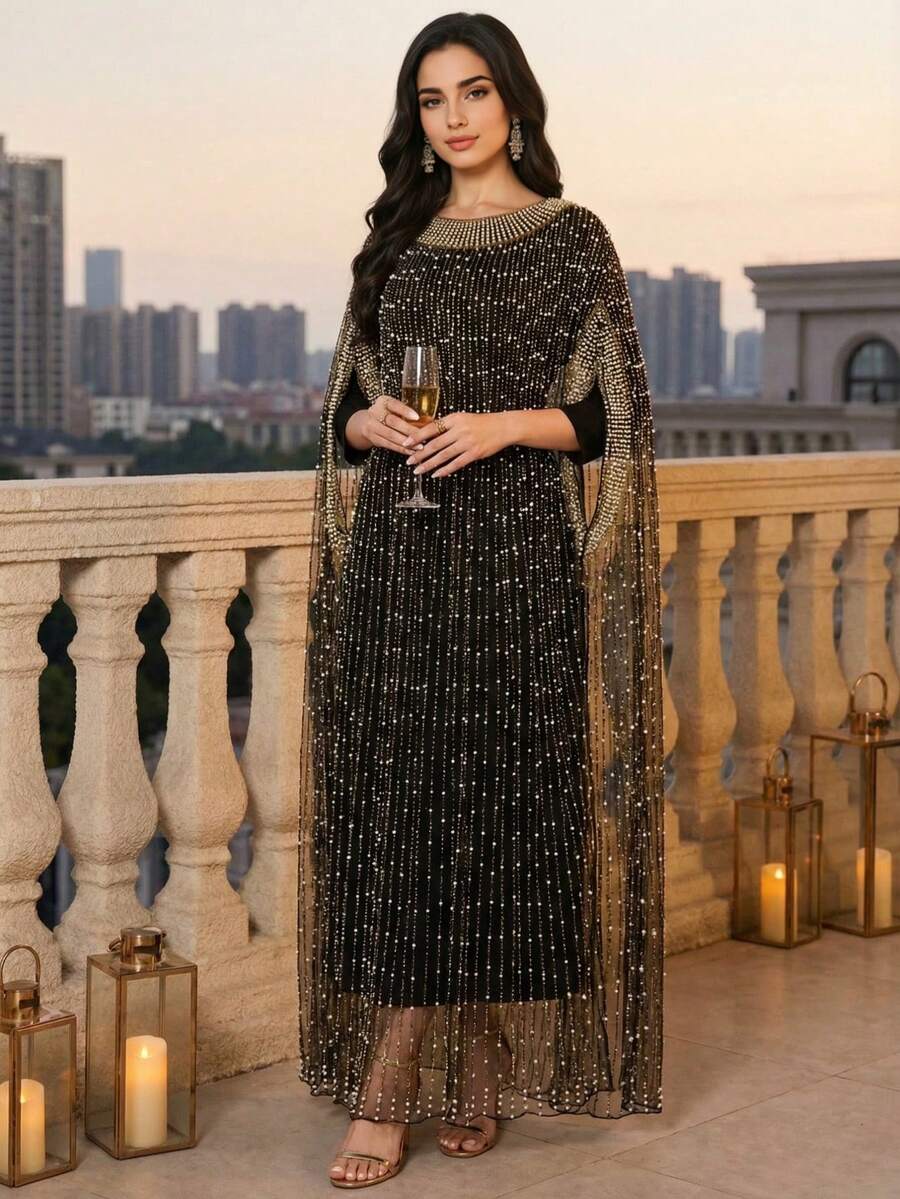 Elegant Black Dignified Women's Round Neck Batwing Sleeve Beaded Robe, Dignified Inelastic Two Pieces Arabic Maxi Dress, Embroidered Pearls, Sequin Patchwork, Pearl Detail Long 3/4 Sleeve - Black - View 1