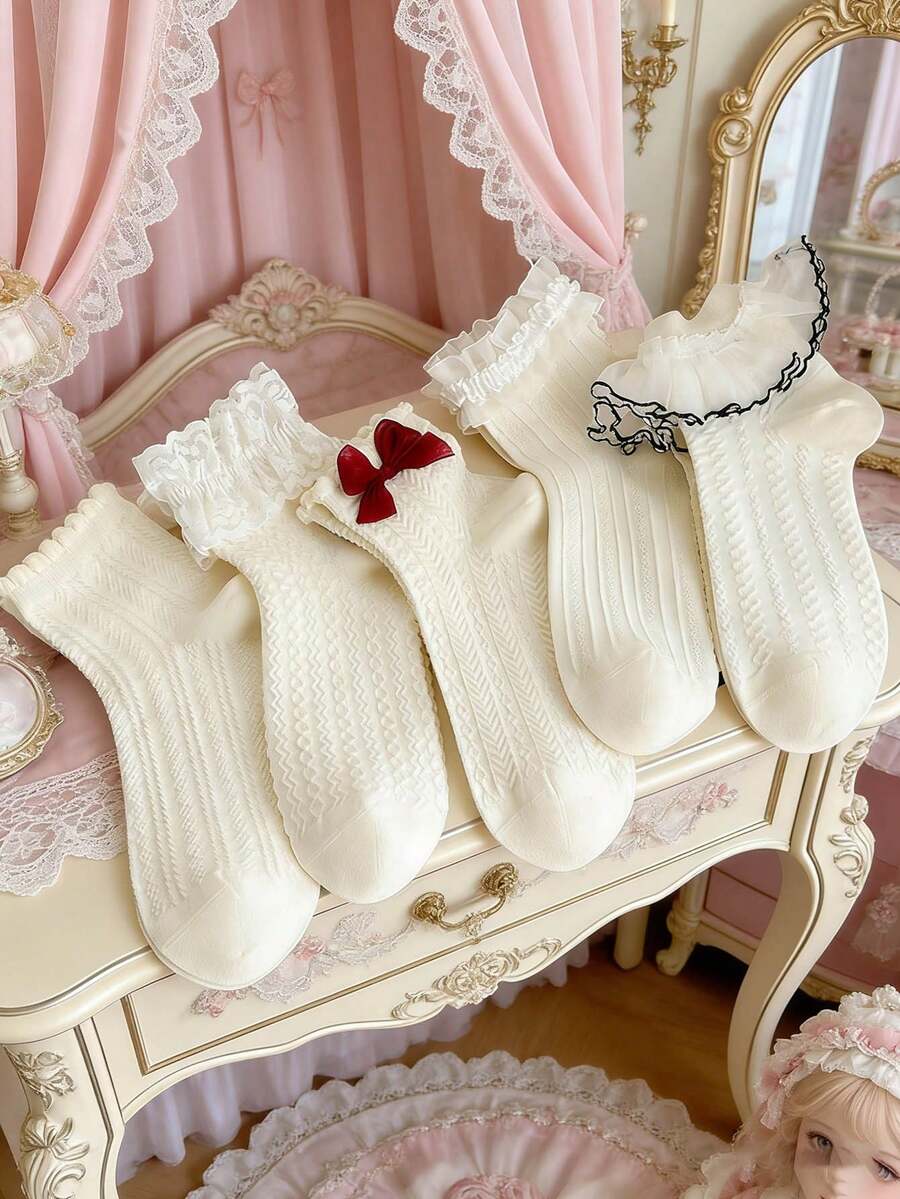 1 Pair Women's White Princess Short Socks, Lolita Style Socks, Thin Fashionable Knee-High Socks With Bow, Summer - White - View 1
