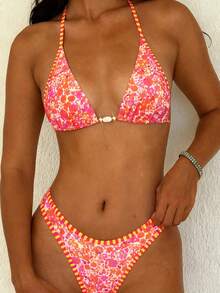 PEPPERMOLLY Bộ bikini in hoa màu cam và hồng rực rỡ - Bộ đồ bơi 2 mảnh dành cho nữ với viền sọc và điểm nhấn màu vàng, hoàn hảo cho kỳ nghỉ biển nhiệt đới và bơi lội mùa hè. - màu cam hồng - Xem 7