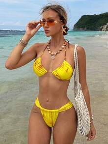 Women's Elegant Summer Beach Vacation Yellow Tie-Dye Print Casual Bikini Set Set, Suitable For Parties, Gatherings, Spring, Seaside, Entertainment, Vacation, Romantic, Fashionable Design, Unique, Casual, Bohemian Style, Travel, Daily Activities - Multicolor - View 2