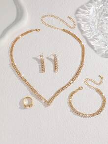 5件套奢华锆石花朵设计项链、耳环、手链、戒指首饰套装，适合女性日常、派对等场合，优雅时尚的高端配饰 - 金色 - 查看 4