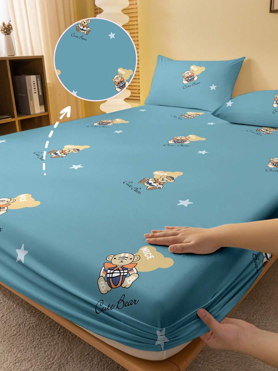 1pc Minimalist Modern Bear Print Brushed Fitted Sheet, Bedroom Printed Bed Cover, Bedding (Pillow Case Not Included) - Multicolor - View 1