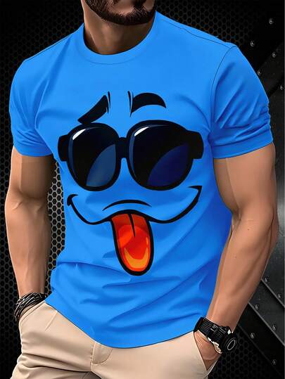 Men's Funny 3D Smiling Face Print Casual Round Neck Short Sleeve T-Shirt, Fashionable Summer Casual Short Sleeve Top