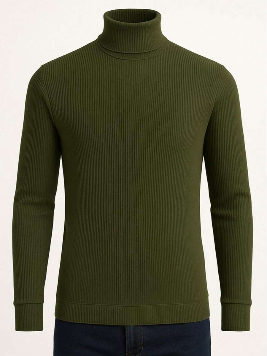 Cacharrel Men's Long Sleeve Ribbed Sweater Autumn/Winter Blouse - Dark Green - View 1