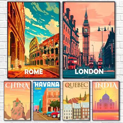 1pc Unframed Famous City Scenery Poster Room Wall Art Decor Waterproof Stickers For Home Bar Bedroom Decoration