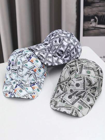 1pc Unisex Casual Dollar Bill Print Baseball Cap, Versatile Outdoor Sun Hat, Fashionable Party Hat, Streetwear Style Curved Brim Cap, Lightweight Breathable Comfortable Snapback, Suitable For Street, Music Festival, Commuting