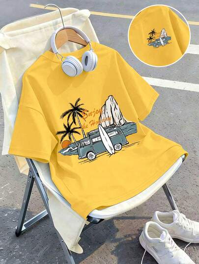 Maglietta a maniche corte estiva per ragazzi con stampe di spiaggia, e auto, tessuto morbido e confortevole