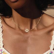 1pc New Classic Round Initial Pendant Golden Stainless Steel Bead Chain Necklaces For Women - Yellow Gold - View 1