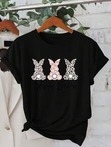 Camiseta De Manga Corta Con Cuello Redondo Y Estampado De Conejito De Pascua Retro Para Mujer | Primavera/Verano/Otoño, Tejido Elástico Medio, Tallas S-Xxl - [Oscuro] - Ver 6