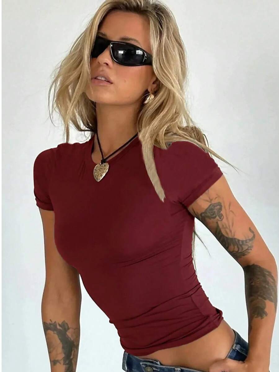 Women Basic All The Time Short Sleeve Slim Fit Body - Burgundy - View 1