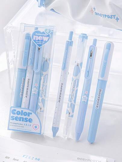 4pcs/Set Writing Pen Set, Black Gel Ink Pen + Cream Highlighter, Color Series Everyday Writing & Lining Pens, Stationery School & Office Supplies