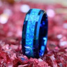 蓝色人造蛋白石镶嵌不锈钢戒指，男士订婚戒指，蓝色不锈钢结婚戒指，激光雕刻戒指，情人节礼物，圣诞礼物 - 藍色 - 查看 2