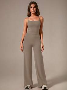 TimeOff Women's Solid Color Spaghetti Strap Removable Padded Camisole And Straight Leg Relaxed Fit Pants Activewear Set, Spring/Summer - Coffee Brown - View 4