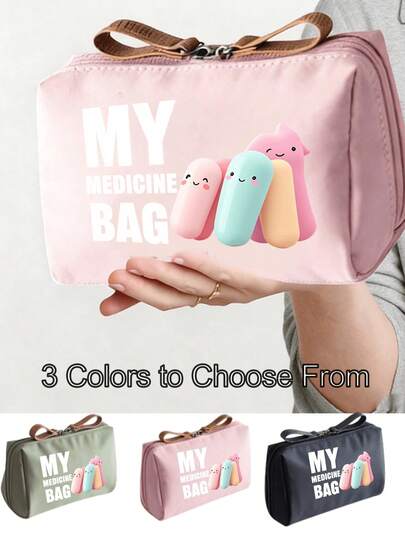 1pc Large Capacity Polyester Zipper Pill Bag - Cute Cartoon Design, Portable Travel Organizer Bag For Toiletries, Medicines And Cosmetics, Women's Daily Essentials, Pink With White "My Pill Bag" Text, Cosmetic Travel Case | Funny Pattern Bag | Polyester Storage Bag