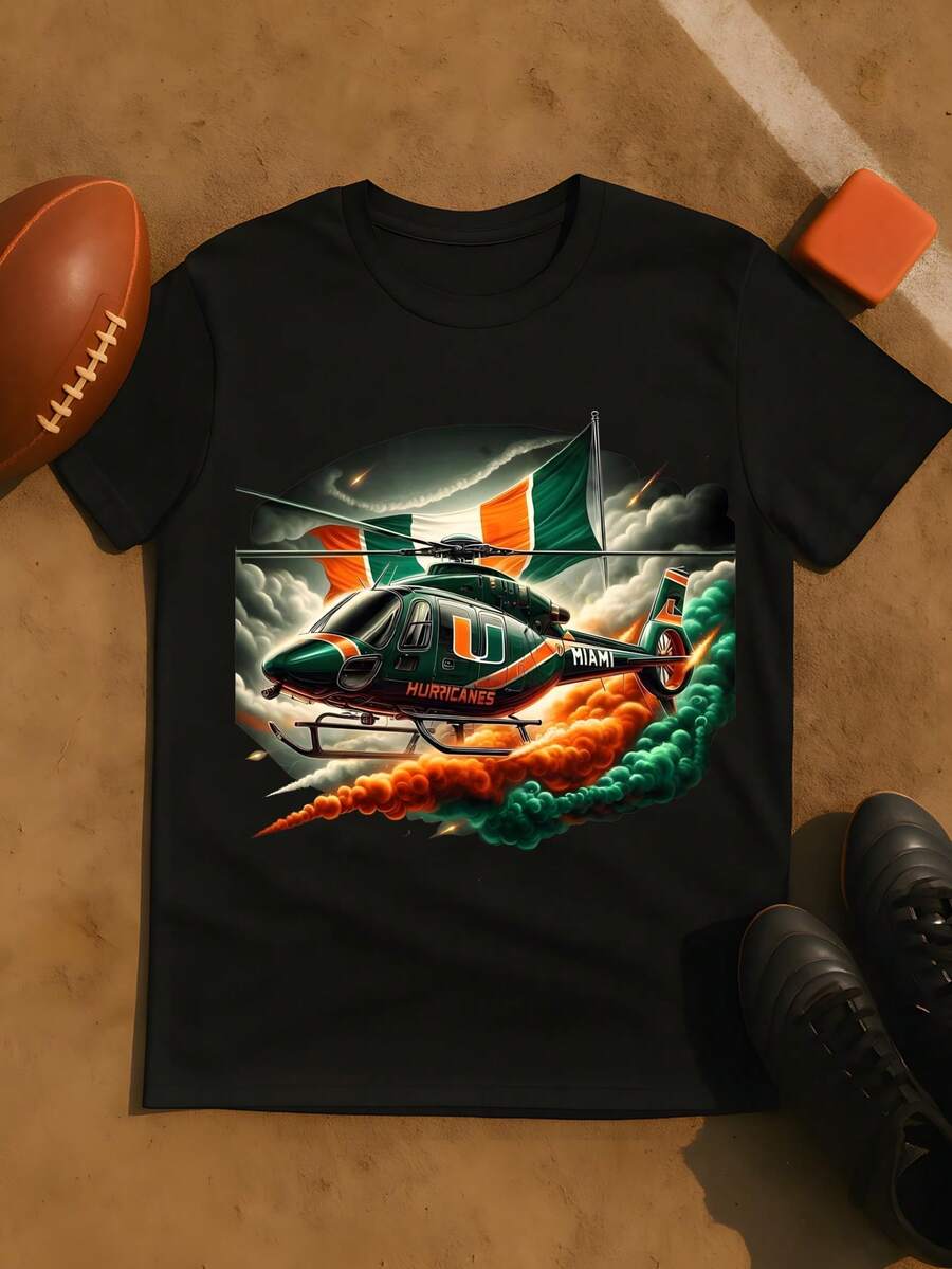 Miami Hurricanes Helicopter Football Tshirt College Team Apparel Fan Gift Men Women Black Shirt Sport Design Graphic Tee - 黑色 - 查看 1