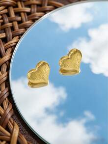 1 Pair Of Minimalist Textured Stainless Steel Mini Heart-Shaped Stud Earrings, Suitable For Everyday Wear - Multicolor - View 6