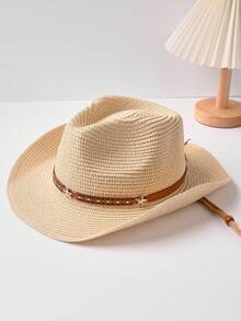 这是一款夏季米色卡其色草编牛仔帽，饰有豹纹星形铆钉和防风绳。它是一款适合海滩度假、音乐节等场合的防晒遮阳帽。 - 星星鉚釘草編帽 - 查看 5