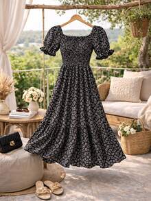 Women's Floral Print Dress, Comfortable And Stylish, Elegant Midi Length, Short Sleeve, Plus Size, Peasant Style, Princess Sleeve, Evangelical, Elasticated, Romantic - 黑色 - 查看 6