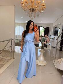 Casual Chic Wide-Leg Set - Two Pieces (Tank Top + Flowy Pants) - Baby Blue - View 1