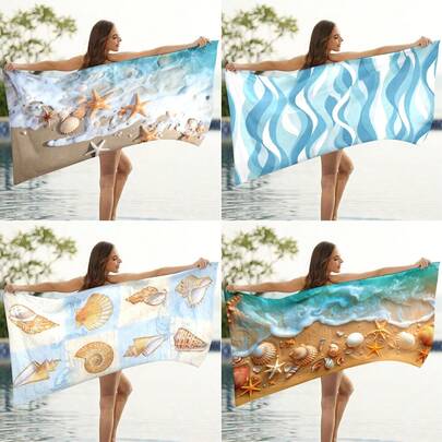 1PC Of Premium Beach Towel, Available In Multiple Sizes, Decorated With Seashell Prints, Ocean And Seaside Style. Suitable For Swimming, Camping, Fitness, Summer Relaxation, Bathroom Decoration, Outdoor Supplies, Souvenirs, And Poolside Furnishings.