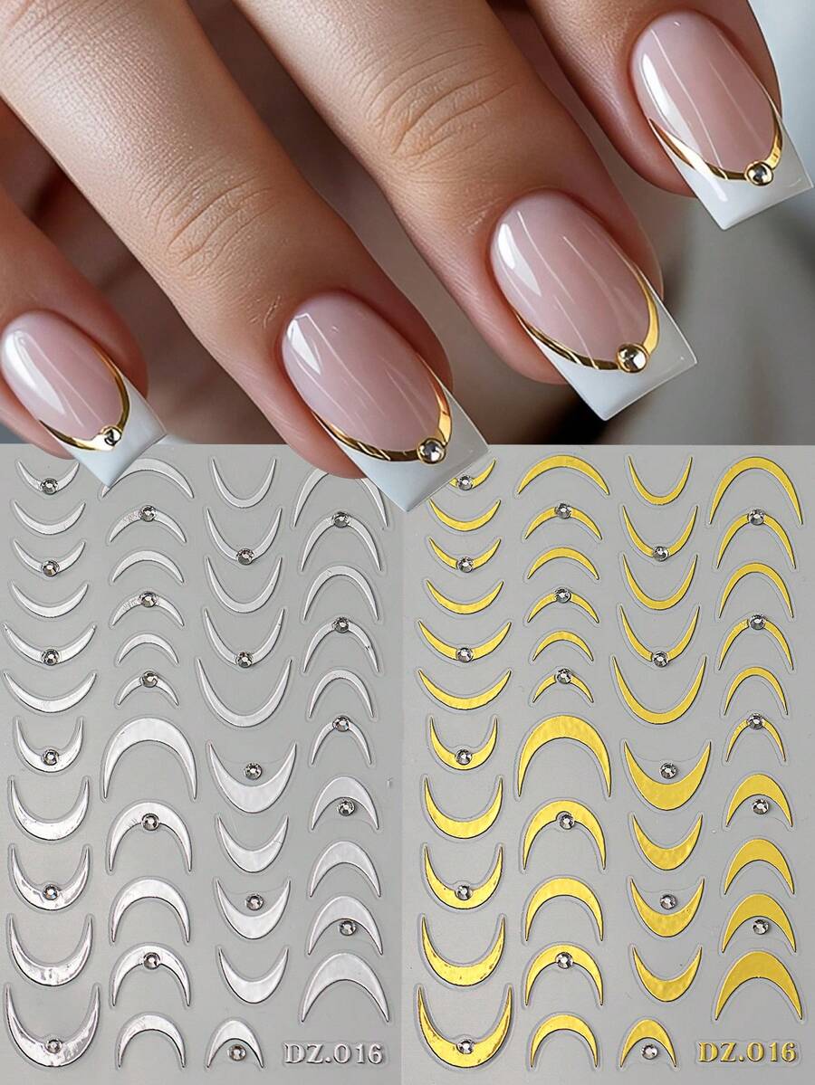 2PCS Gold Silver French-Style Nail Stickers With Rhinestones Curved Lines Strips Design Slider Nail Art Decals DIY Manicure Accessories Tool Nail Supplies - Multicolor - View 1