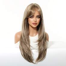 TOPSHE 24-Inch Blonde Highlight Multi-Layered Naturally Curved Center Part Wig, Synthetic Heat-Resistant Ladies Wig, Suitable For Holidays, Travel, Masquerade Balls, Parties, Daily Wear, Music Festivals, Wedding Seasons, Holiday Gifts,Wedding Music Festival - Blonde Highlight - View 5
