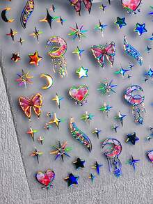 1片装 幻彩蝴蝶星月全息浮雕粉色爱心新月星光美人鱼尾巴美甲贴纸 5D 梦幻美甲贴花 自粘美甲装饰 女士及女孩适用 - 彩色 - 查看 5