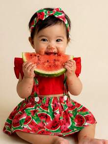 Jardineira Saia de Bebê Infantil Blogueirinha Melancia Frutas Frutinha Menina Alimentação Introdução Alimentar Ensaio Fotográfico Mesversário Temático Bebê Baby Aniversário Saia Glamour Premium Leve Tricoline 100% Algodão Ajustável e Com Elástico Fácil de Vestir - Vermelho - Visão 9
