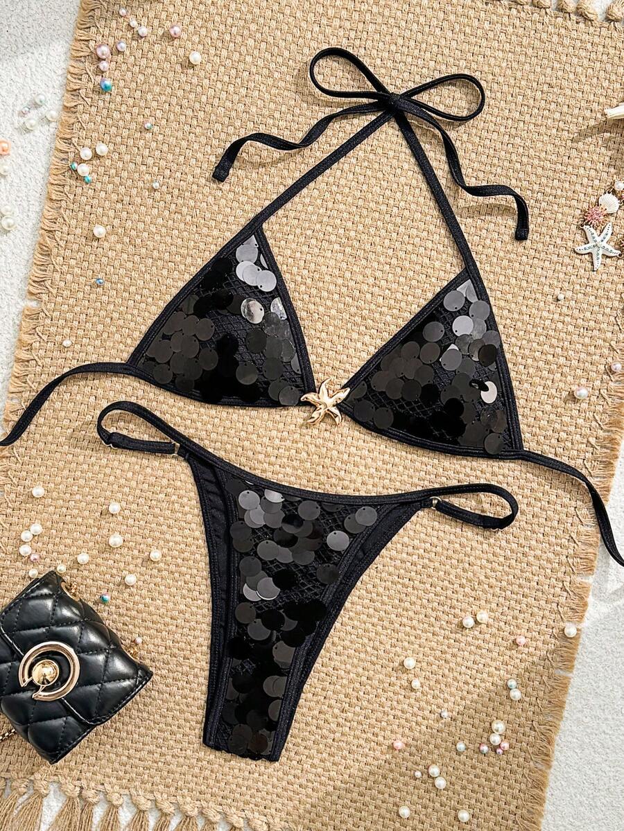 2pcs/Set Sexy Spaghetti Strap Solid Black Sequin Bikini Swimwear, Suitable For Beach Vacation, Music Festivals, Pool Parties, Spring/Summer - Black - View 1